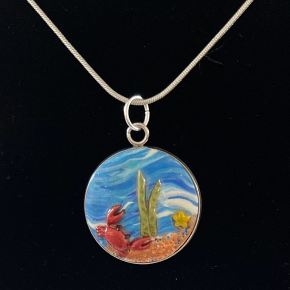 Unique design-Silver bezel Ocean/crab Polymer clay Necklace- 20” long chain - Picture 3 of 4